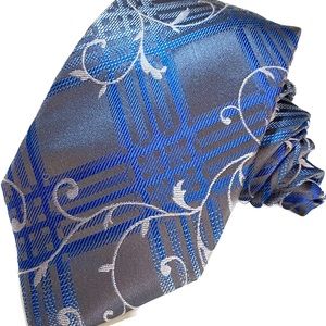 Alfani Hand Made Silk Tie Taupe Blue Hatch Stripes Off White Vine Pattern